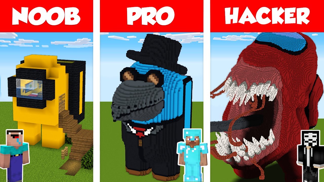 Minecraft NOOB Vs PRO Vs HACKER AMONG US HOUSE BUILD CHALLENGE In