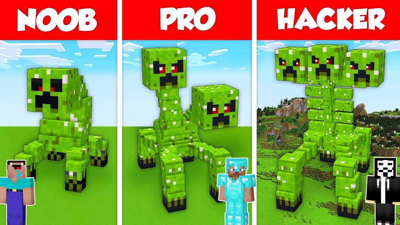 Creeper Statue Base House Build Challenge Noob Vs Pro Vs Hacker