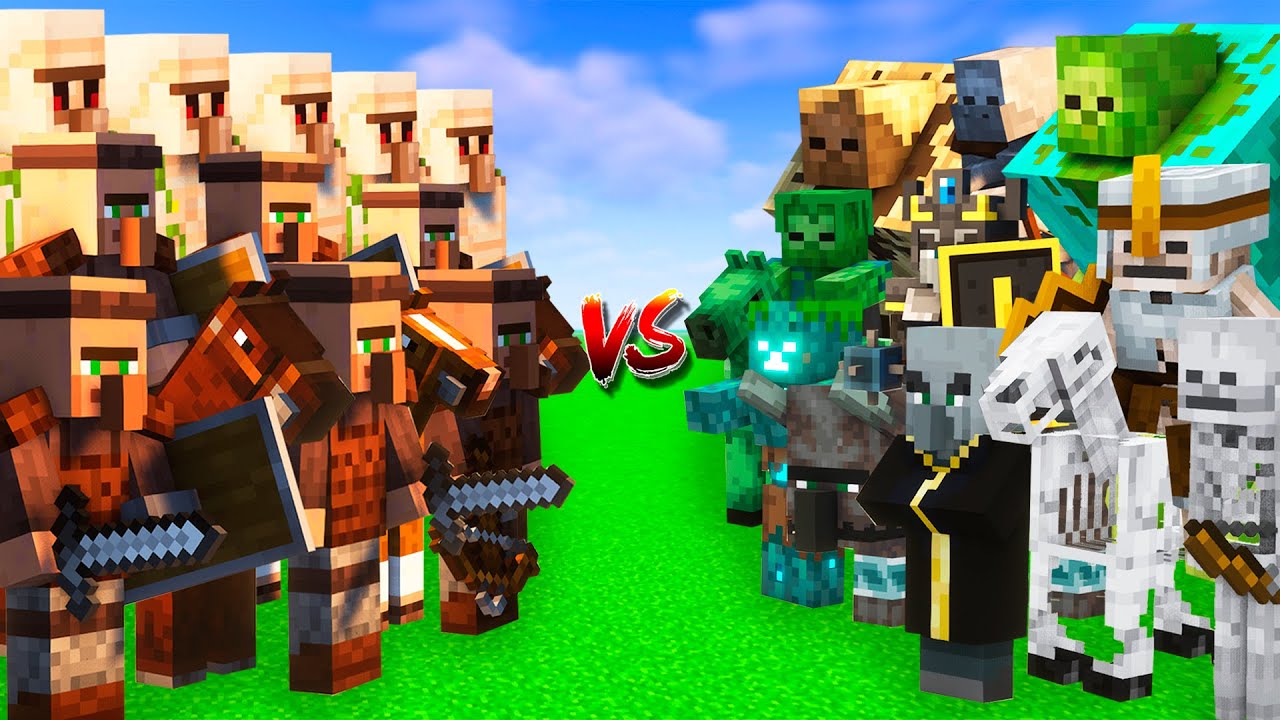 ALL GUARD VILLAGER ARMY Vs ALL HOSTILE MOBS ARMY Minecraft Mob Battle