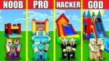 Minecraft Battle: BOUNCY CASTLE BUILD CHALLENGE – NOOB vs PRO vs HACKER vs GOD / Animation