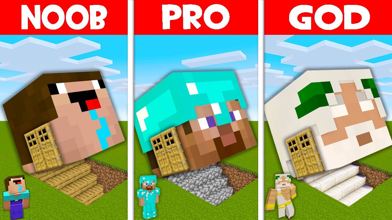 Minecraft Noob Vs Pro Vs God: Secret Head Block House Build Challenge 