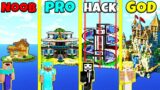Minecraft Battle: ISLAND HOUSE BUILD CHALLENGE – NOOB vs PRO vs HACKER vs GOD / Animation