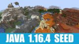 Minecraft Java 1.16.4 Seed: Village near spawn half-covered in snow stands on mesa and extreme hills