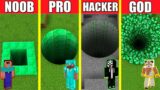 Minecraft Battle: EMERALD TUNNEL HOUSE BUILD CHALLENGE – NOOB vs PRO vs HACKER vs GOD Animation HOLE