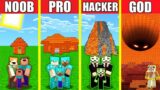 Minecraft Battle: LAVA HOUSE BUILD CHALLENGE – NOOB vs PRO vs HACKER vs GOD / Animation VOLCANO HOLE