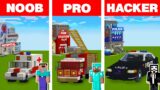 Minecraft NOOB vs PRO vs HACKER: EMERGENCY VEHICLE HOUSE BUILD CHALLENGE in Minecraft Animation