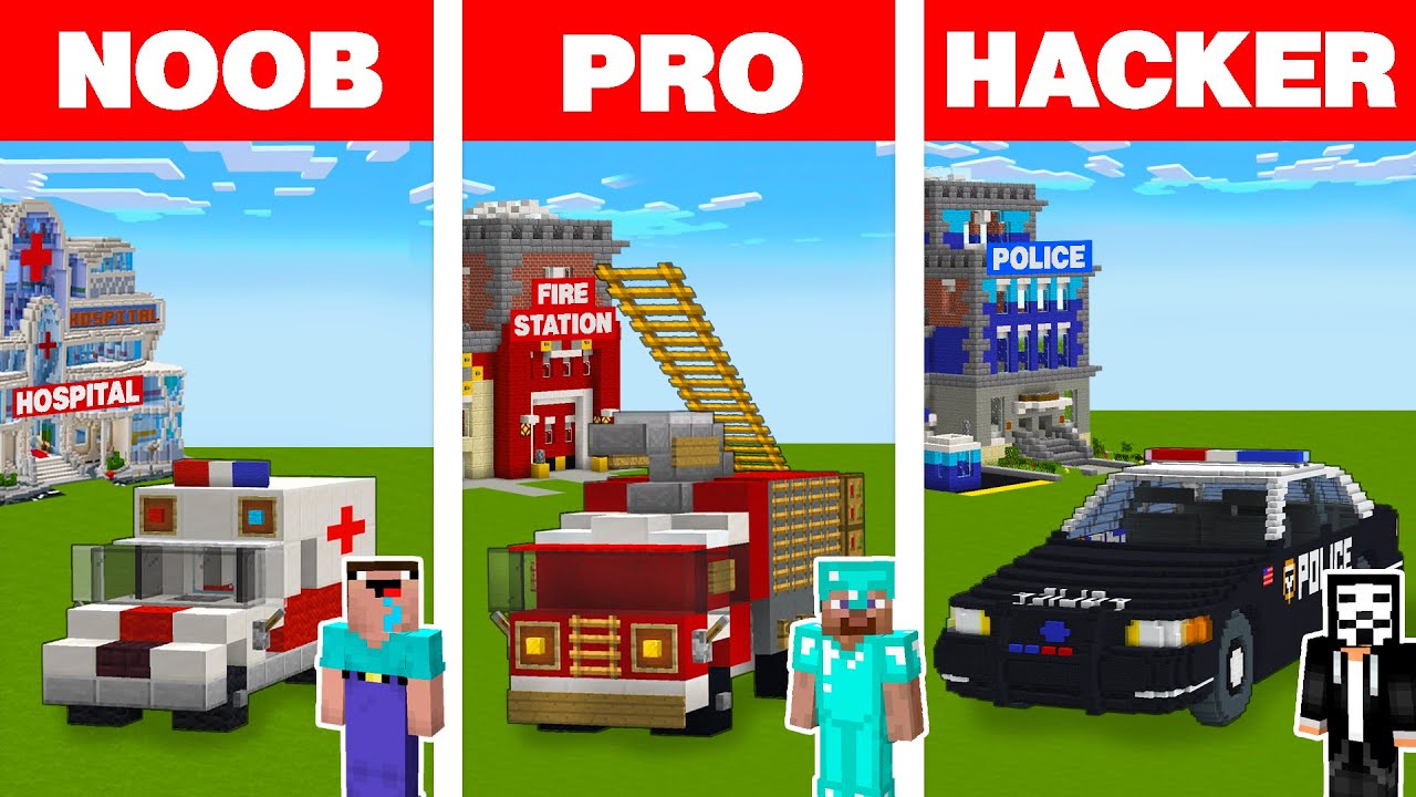 Minecraft Noob Vs Pro Vs Hacker Emergency Vehicle House Build Challenge In Minecraft Animation Minecraft Videos
