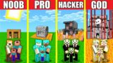 Minecraft Battle: SECURE PRISON HOUSE BUILD CHALLENGE – NOOB vs PRO vs HACKER vs GOD / Animation