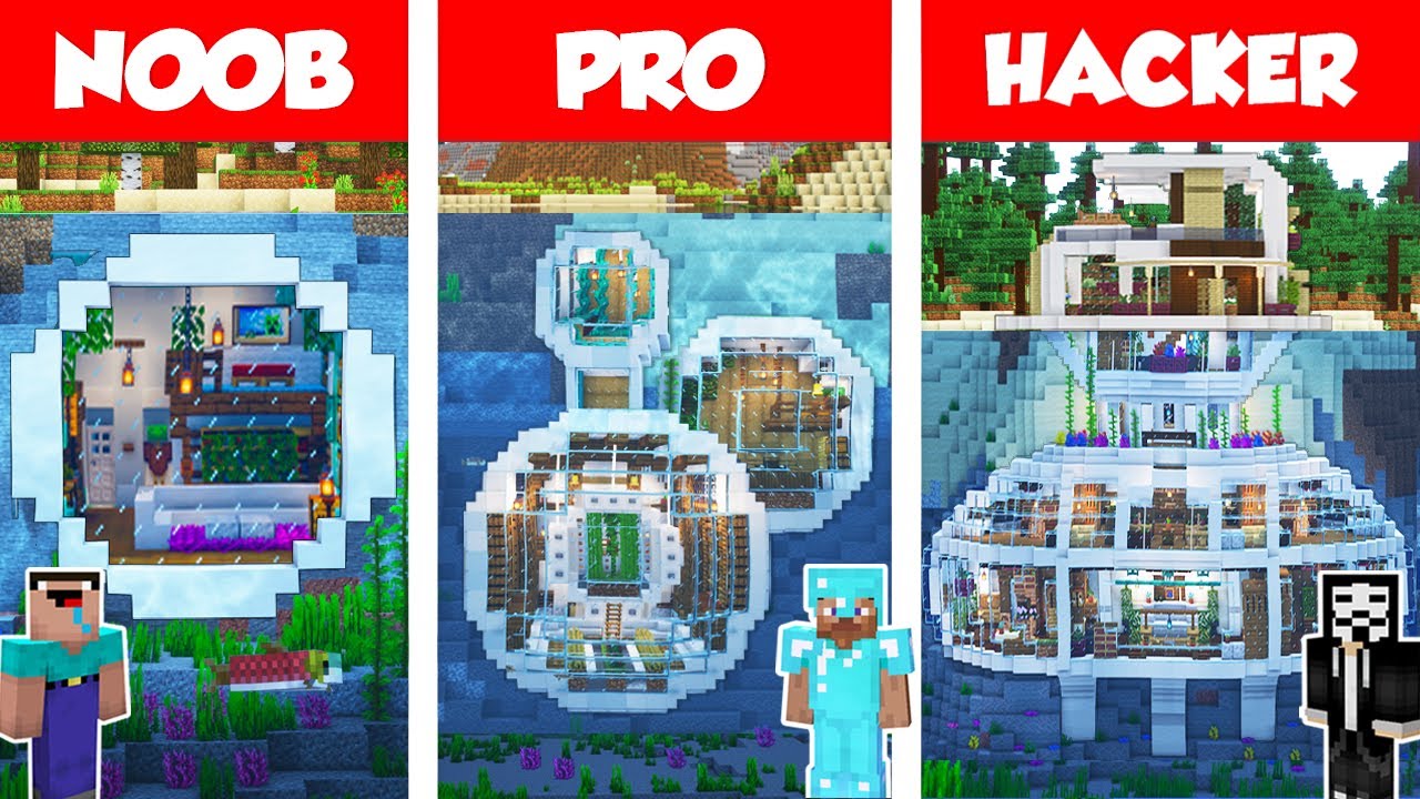 Minecraft Noob Vs Pro Vs Hacker Underwater Modern House Build Challenge In Minecraft 5240