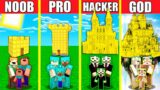 Minecraft Battle: GOLD CASTLE HOUSE BUILD CHALLENGE – NOOB vs PRO vs HACKER vs GOD / Animation