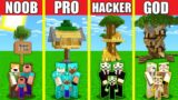 Minecraft Battle: HOUSE ON TREE BUILD CHALLENGE – NOOB vs PRO vs HACKER vs GOD / Animation WOOD