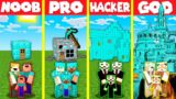 Minecraft Battle: DIAMOND BLOCK BASE HOUSE BUILD CHALLENGE – NOOB vs PRO vs HACKER vs GOD Animation