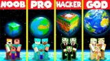 Minecraft Battle: PLANET EARTH BASE HOUSE BUILD CHALLENGE – NOOB vs PRO vs HACKER vs GOD / Animation