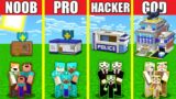 Minecraft Battle: POLICE STATION HOUSE BUILD CHALLENGE – NOOB vs PRO vs HACKER vs GOD / Animation