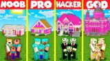Minecraft Battle: GIRL PINK HOUSE BASE BUILD CHALLENGE – NOOB vs PRO vs HACKER vs GOD / Animation