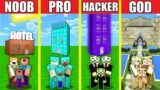 Minecraft Battle: HOTEL BUILD CHALLENGE – NOOB vs PRO vs HACKER vs GOD / Animation HOUSE BASE