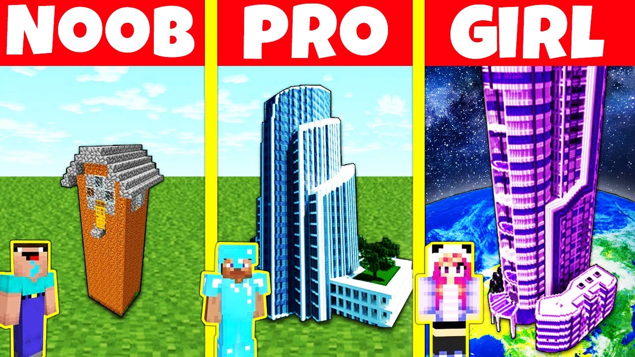 Minecraft Battle Noob Vs Pro Vs Girl Tall House Build Challenge Minecraft Animation 1268