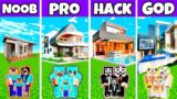 Minecraft Battle: FAST CONTEMPORARY HOUSE BUILD CHALLENGE – NOOB vs PRO vs HACKER vs GOD