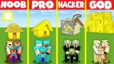 Minecraft Battle: GOLD BLOCK BASE HOUSE BUILD CHALLENGE – NOOB vs PRO vs HACKER vs GOD / Animation