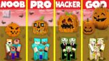 Minecraft Battle: HALLOWEEN PUMPKIN HOUSE BUILD CHALLENGE – NOOB vs PRO vs HACKER vs GOD / Animation
