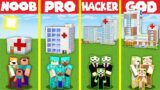 Minecraft Battle: HOSPITAL CLINIC HOUSE BUILD CHALLENGE – NOOB vs PRO vs HACKER vs GOD / Animation