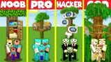 Minecraft Battle: MODERN TREE BASE HOUSE BUILD CHALLENGE – NOOB vs PRO vs HACKER vs GOD / Animation
