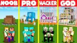 Minecraft Battle: SECURE SAFEST BASE HOUSE BUILD CHALLENGE – NOOB vs PRO vs HACKER vs GOD Animation