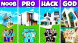 Minecraft Battle: CONTEMPORARY PARADISE MANSION HOUSE BUILD CHALLENGE – NOOB vs PRO vs HACKER vs GOD
