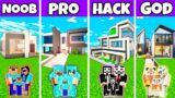 Minecraft Battle: LITE CONTEMPORARY MANSION HOUSE BUILD CHALLENGE – NOOB vs PRO vs HACKER vs GOD