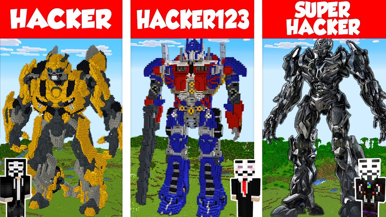 Minecraft hacker vs hacker vs hacker transformers statue house build