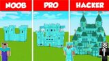 DIAMOND BLOCK CASTLE BASE HOUSE BUILD CHALLENGE – NOOB vs PRO vs HACKER / Minecraft Battle Animation