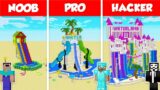 WATER SLIDE PARK BASE HOUSE BUILD CHALLENGE – NOOB vs PRO vs HACKER / Minecraft Battle Animation