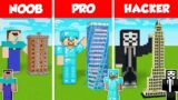 SKYSCRAPER TALL HOUSE BASE BUILD CHALLENGE – NOOB vs PRO vs HACKER / Minecraft Battle Animation