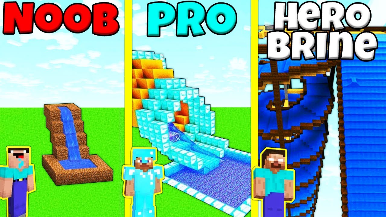 Minecraft Battle Noob Vs Pro Vs Herobrine Water Slide Build Challenge Animation Minecraft 