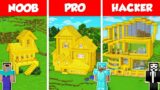 GOLD BLOCK BASE HOUSE BUILD CHALLENGE – NOOB vs PRO vs HACKER / Minecraft Battle Animation