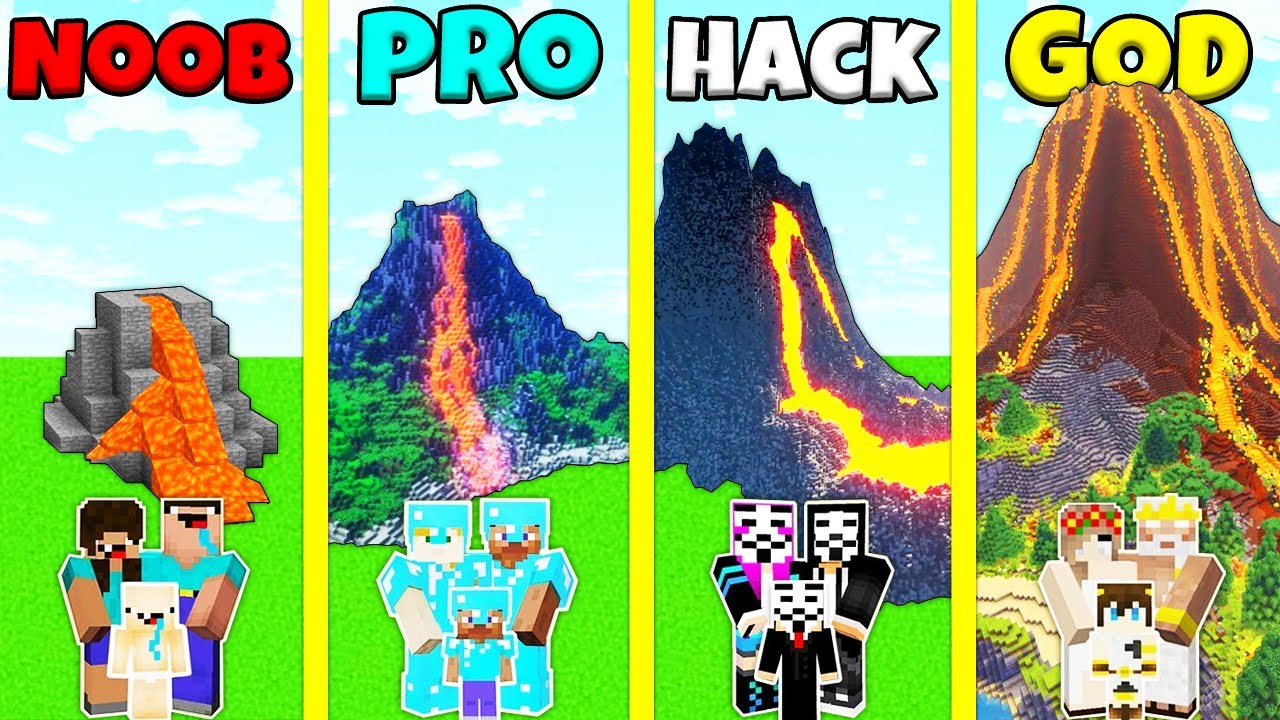 Minecraft Battle Noob Vs Pro Vs Hacker Vs God Lava Volcano Base House Build Challenge