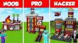 FIRE STATION BASE HOUSE BUILD CHALLENGE – NOOB vs PRO vs HACKER / Minecraft Battle Animation