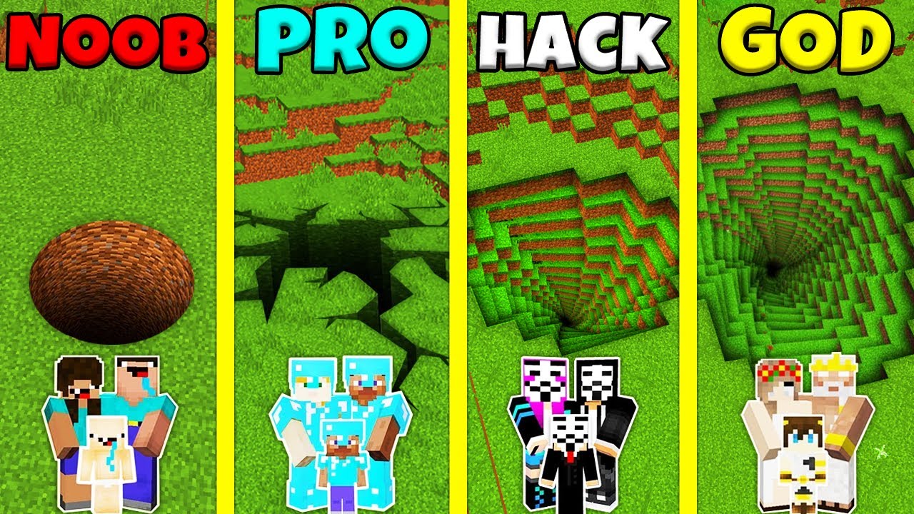 Minecraft Battle Noob Vs Pro Vs Hacker Vs God Endless Tunnel Pit House Build Challenge 