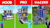 POLICE STATION BASE HOUSE BUILD CHALLENGE – NOOB vs PRO vs HACKER / Minecraft Battle Animation