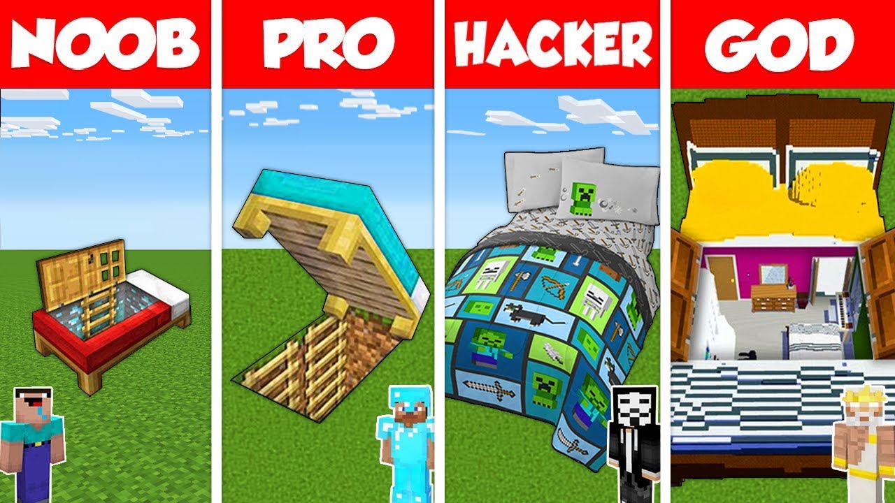 Minecraft Battle Noob Vs Pro Vs Hacker Vs God Inside Bed House Base Build Challenge 