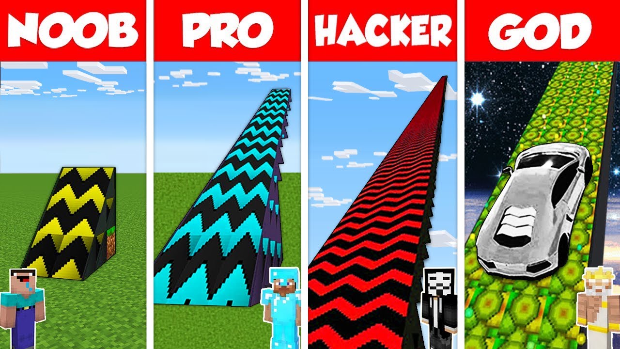 Minecraft Battle Noob Vs Pro Vs Hacker Vs God Super Ramp Springboard Build Challenge