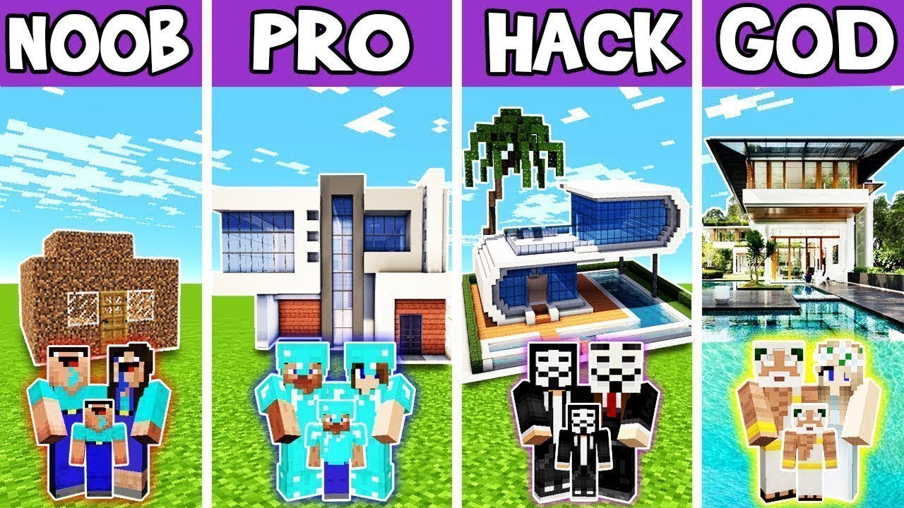 Minecraft Family Simple Modern House Build Challenge Noob Vs Pro Vs Hacker Vs God Minecraft Family Simple Modern House Build Challenge Noob Vs Pro Vs Hacker Vs God