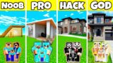 Minecraft Battle: Family Modern New Mansion Build Challenge – Noob vs Pro vs Hacker vs God