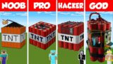 Minecraft WORKING TNT HOUSE BUILD CHALLENGE – NOOB vs PRO vs HACKER vs GOD / Animation