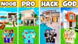 Minecraft Battle: Family Brand New Modern House Build Challenge – Noob vs Pro vs Hacker vs God