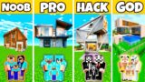 Minecraft Battle: Family Premium Modern House Build Challenge – Noob vs Pro vs Hacker vs God