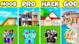 Minecraft Battle: Modern DREAM House Build Challenge – Noob Vs Pro Vs Hacker Vs God