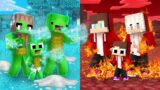 ICE Mikey Family vs FIRE JJ Family Survival Battle Challenge in Minecraft (Maizen)